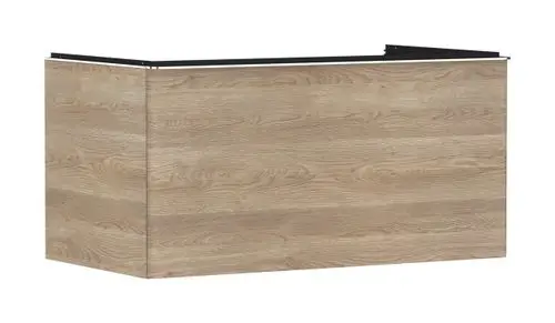 Waschtischunterschrank in Holzoptik mit einem Schubkasten, beschichtet und passend für Aufsatzwaschtische. Marke: Hansgrohe.